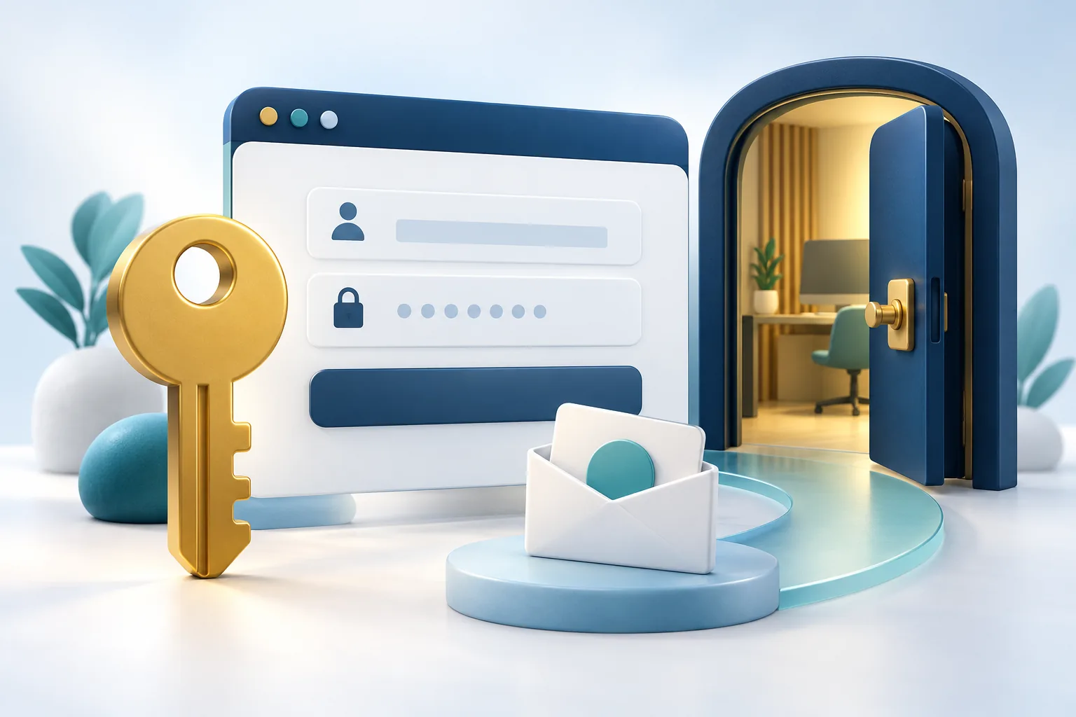 An account key, recovery envelope and abstract sign-in panel represent workspace access.