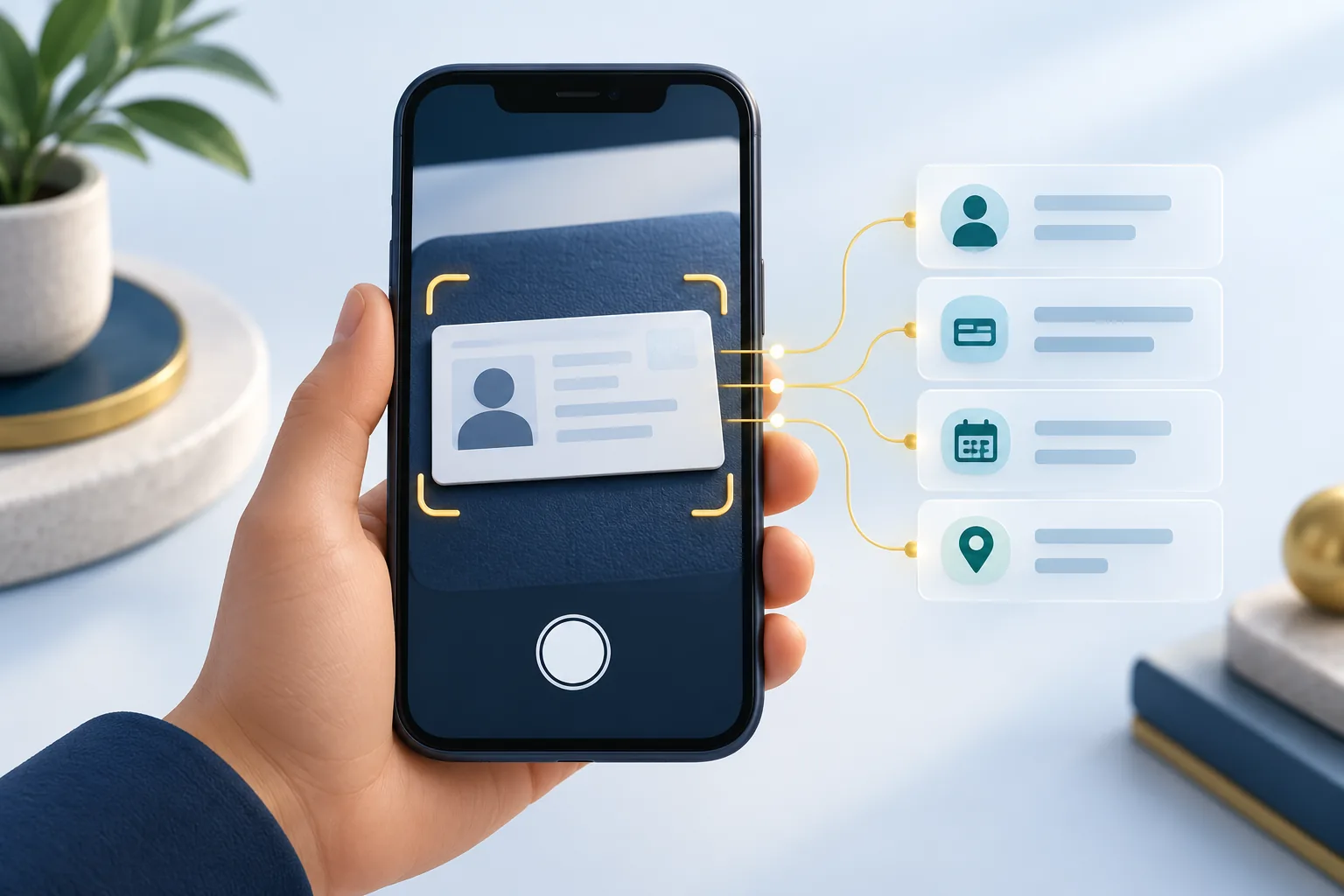 Illustration of a phone capturing a fictional document and preparing structured information