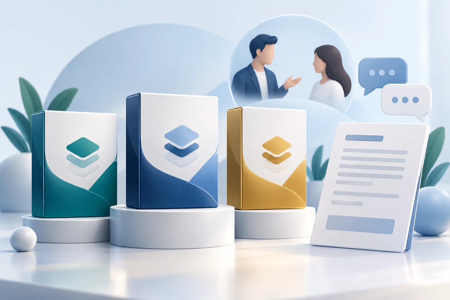 Three software edition packages sit beside a proposal document.