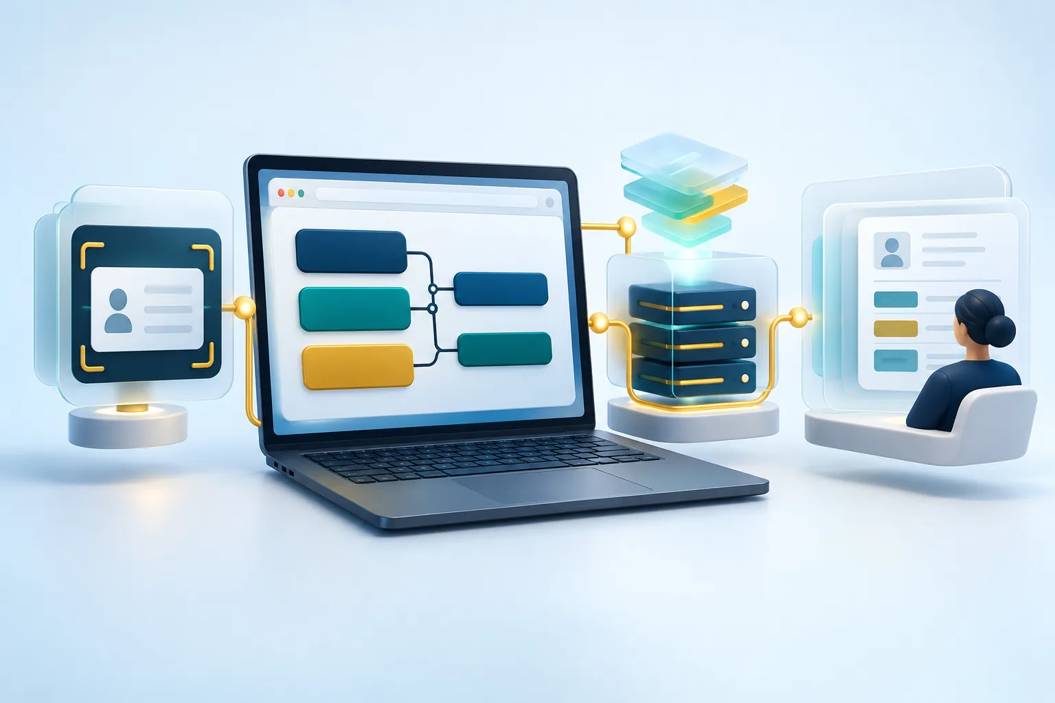 A laptop connects modular browser components into a document capture workflow.