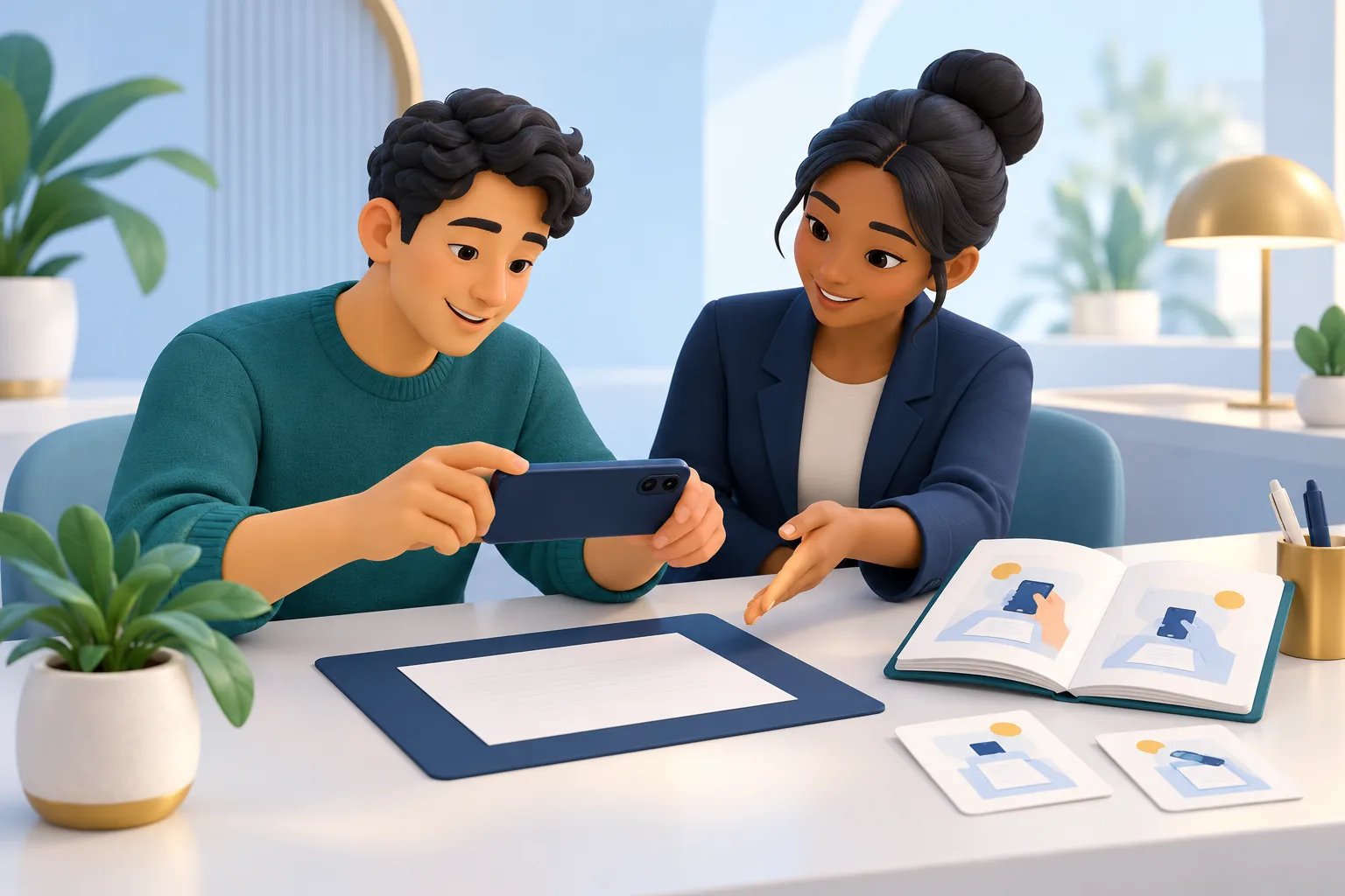 Stylized users receive guidance on positioning a phone and document for capture.